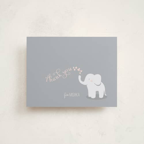 This is a soft grey wedding thank you cards with standard by Lori Wemple called baby elephant printing on signature in standard