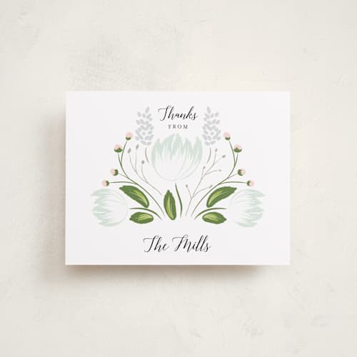 This is a mint wedding thank you cards with standard by Lehan Veenker called sweet blooms printing on signature in standard