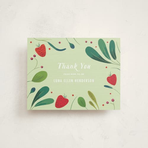 This is a mint wedding thank you cards with standard by Morgan Ramberg called berry baby printing on signature in standard