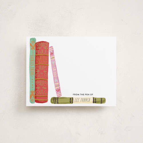This is a sweet coral kids thank you cards notes with standard by Shiny Penny Studio called painted book spines printing on signature in standard