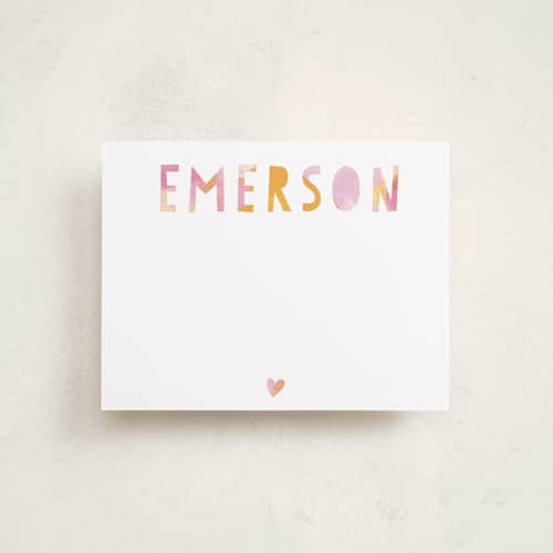 This is a tangerine kids thank you cards notes with standard by Melanie Severin called painted name printing on signature in standard