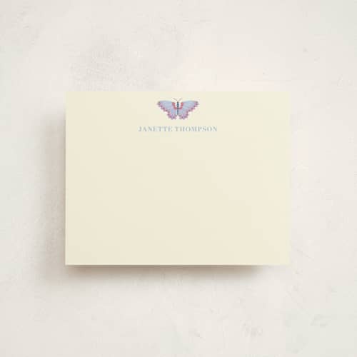 This is a periwinkle personalized stationery thank you cards with standard by IGGI called butterfly notecard printing on signature in 4.25x5.5