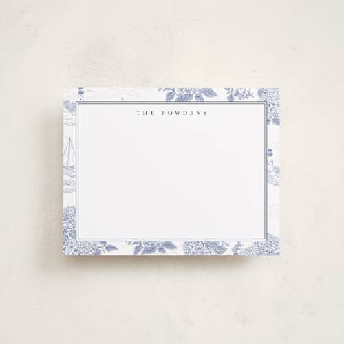 This is a periwinkle personalized stationery thank you cards with standard by Jenna Holcomb called coastal toile printing on signature in 4.25x5.5