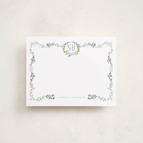 This is a periwinkle personalized stationery thank you cards with standard by Petra Kern called fiorellini printing on signature in 4.25x5.5