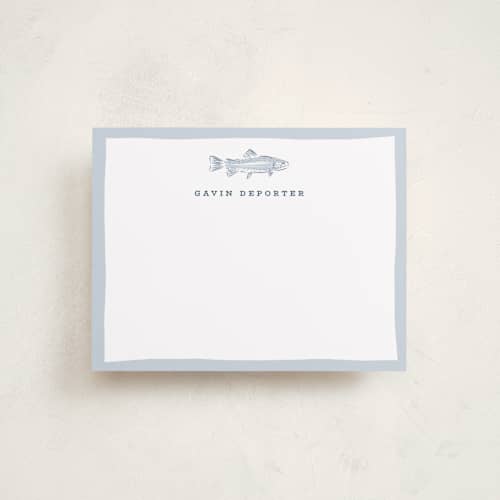 This is a river personalized stationery thank you cards with standard by Erin German called fishy printing on signature in 4.25x5.5