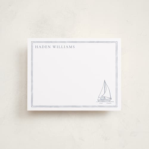 This is a coast personalized stationery thank you cards with standard by Cass Loh called sailboat printing on signature in 4.25x5.5