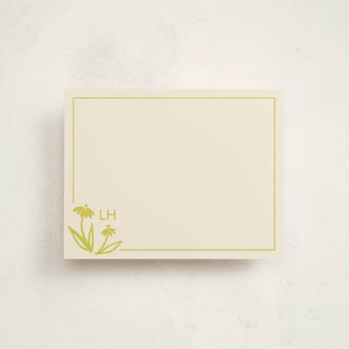 This is a citrine personalized stationery thank you cards with standard by Tracy Schifeling called hand-painted floral initials printing on signature in 4.25x5.5