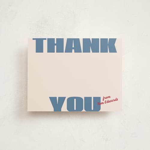 This is a denim personalized stationery thank you cards with standard by Claudia Orengo called retro bold printing on signature in 4.25x5.5