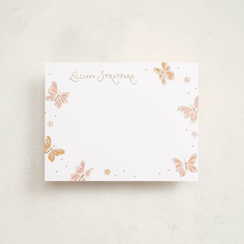 This is a flutter personalized stationery thank you cards with standard by Erin German called butterflies printing on signature in 4.25x5.5