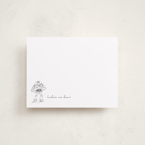 This is a silk personalized stationery thank you cards with standard by Anna Black called pixar's buzz in pencil printing on signature in 4.25x5.5