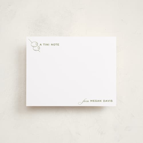 This is a olive personalized stationery thank you cards with standard by Megan Davis called dirty martini printing on signature in 4.25x5.5