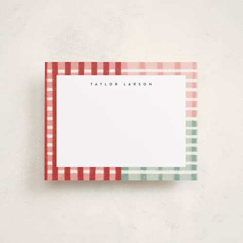 This is a poinsettia personalized stationery thank you cards with standard by Emily Sabol Goss called drawn plaid printing on signature in 4.25x5.5