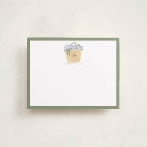 This is a sage green personalized stationery thank you cards with standard by Madhvi Samimi called hydrangea tote printing on signature in 4.25x5.5
