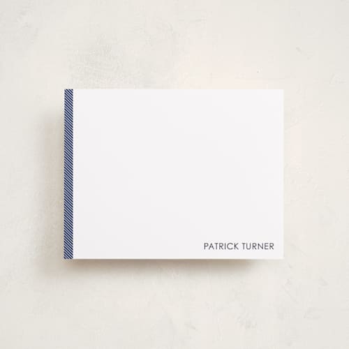 This is a navy personalized stationery thank you cards with standard by Seth Caskey called herringbone printing on signature in 4.25x5.5