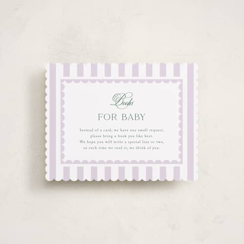 This is a lilac baby shower insert cards with standard by Kelly Schmidt called resort printing on signature in standard