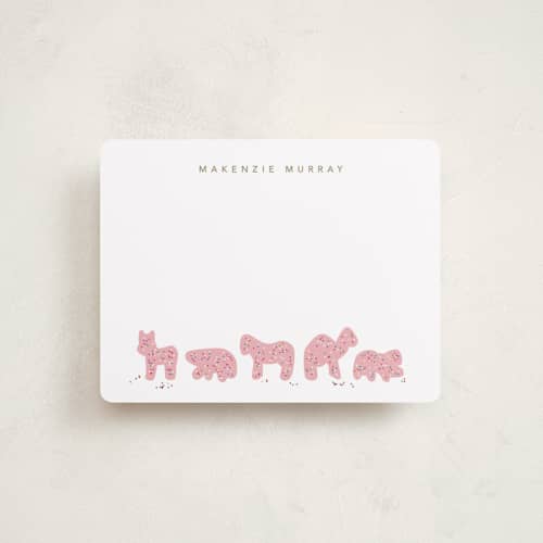 This is a pink sugar kids thank you cards notes with standard by Jennifer Postorino called animal cracker parade printing on signature in standard