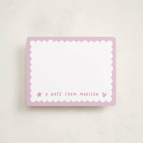 This is a cotton candy kids thank you cards notes with standard by Hooray Creative called scallop border printing on signature in standard