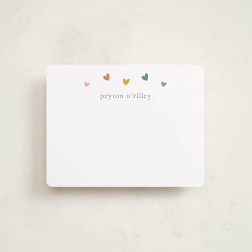 This is a rainbow kids thank you cards notes with standard by Stacey Meacham called rainbow hearts printing on signature in standard