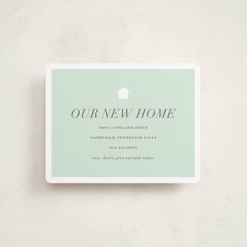 This is a mint moving announcements with standard by Sara Hicks Malone called house and home printing on signature in standard