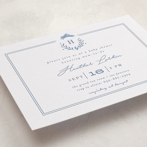 This is a pacific blue baby shower invitations with letterpress by Susan Brown called classic baby monogram printing on white cotton in standard