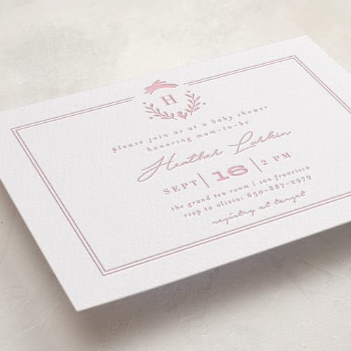 This is a peony baby shower invitations with letterpress by Susan Brown called classic baby monogram printing on white cotton in standard