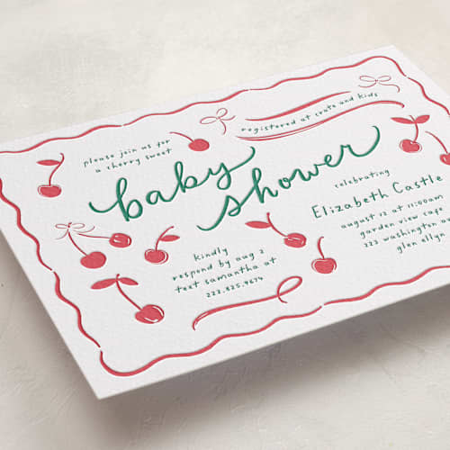 This is a maraschino | evergreen baby shower invitations with letterpress by Erin German called cherry sweet printing on white cotton in standard