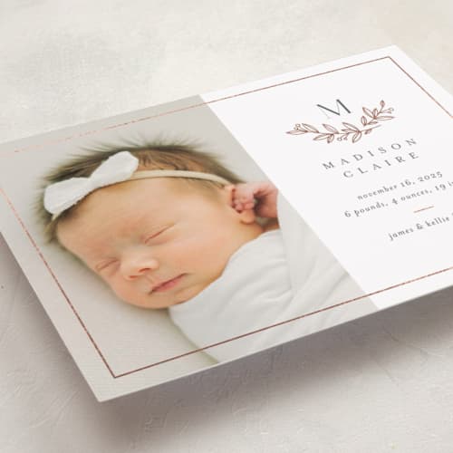 This is a lace foil stamped birth announcements with foil pressed by Jessica Williams called graceful laurels printing on recycled smooth signature in standard