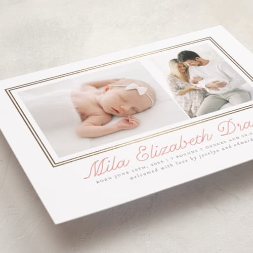 This is a melon foil stamped birth announcements with foil pressed by Laura Hankins called byline printing on recycled smooth signature in standard