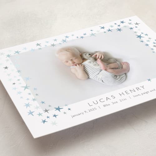 This is a cloud foil stamped birth announcements with foil pressed by Townsend Majors called shining star printing on recycled smooth signature in standard