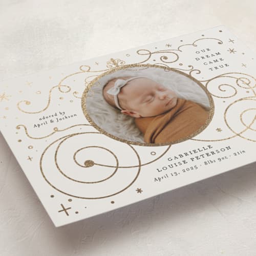 This is a ivory foil stamped birth announcements with foil pressed by Amy Payne called disney's cinderella carriage printing on recycled smooth signature in standard