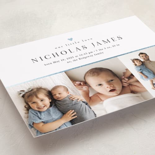 This is a sky foil stamped birth announcements with foil pressed by Melanie Kosuge called tiny heart printing on recycled smooth signature in standard