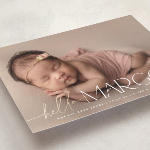 This is a cotton foil stamped birth announcements with foil pressed by Robert and Stella called a big hello printing on recycled smooth signature in standard