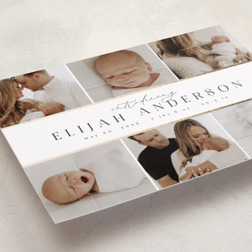 This is a vanilla foil stamped birth announcements with foil pressed by Nicole Walsh called six photo grid printing on recycled smooth signature in standard