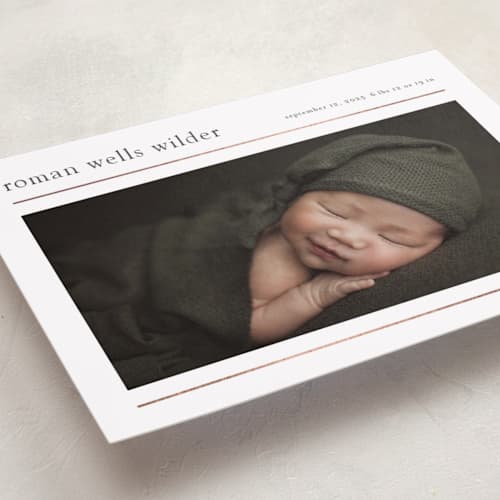 This is a cotton foil stamped birth announcements with foil pressed by Stacey Meacham called modern lines printing on recycled smooth signature in standard