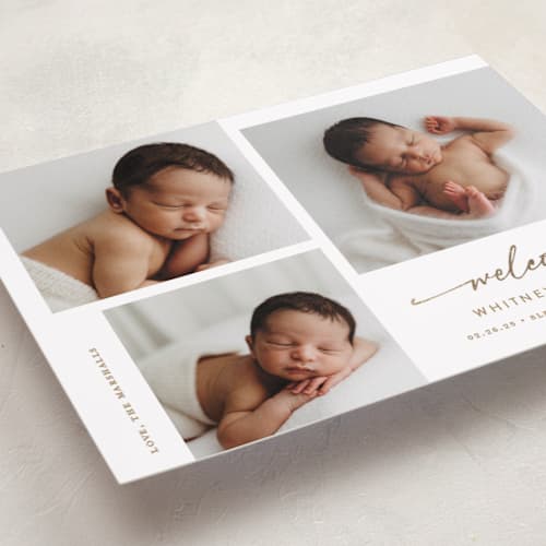 This is a sand foil stamped birth announcements with foil pressed by Carolyn MacLaren called appeal printing on recycled smooth signature in standard