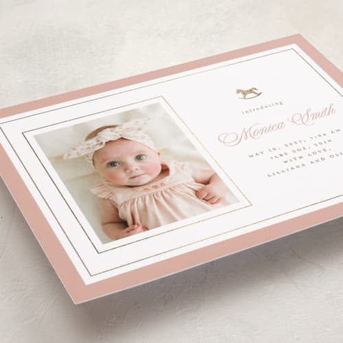 This is a cupcake foil stamped birth announcements with foil pressed by Christy Hy Lee called classic rocking horse printing on recycled smooth signature in standard