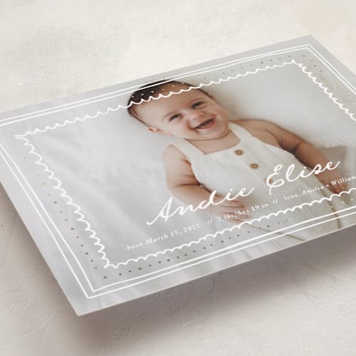 This is a daisy foil stamped birth announcements with foil pressed by Stephanie Heinrich Godbout called tiny treasure printing on recycled smooth signature in standard