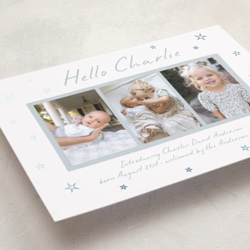 This is a starlight foil stamped birth announcements with foil pressed by Kamala Nahas called little stars printing on recycled smooth signature in standard
