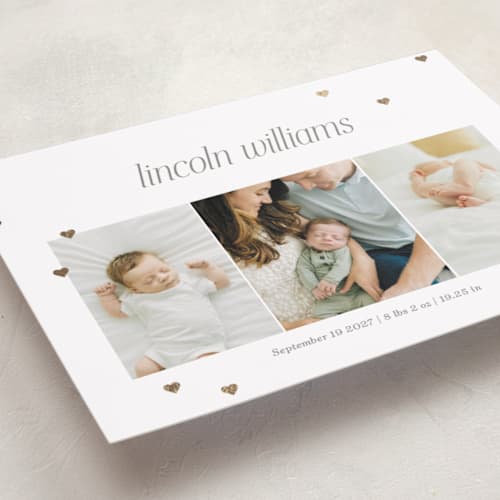 This is a linen foil stamped birth announcements with foil pressed by Robert and Stella called lots of love printing on recycled smooth signature in standard