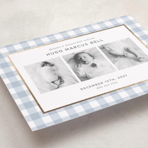 This is a powder foil stamped birth announcements with foil pressed by letterfix called soft gingham printing on recycled smooth signature in standard