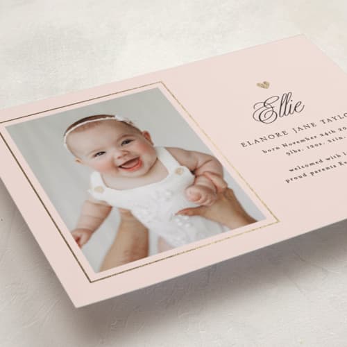 This is a blush foil stamped birth announcements with foil pressed by Alethea and Ruth called tiny heart detail printing on recycled smooth signature in standard