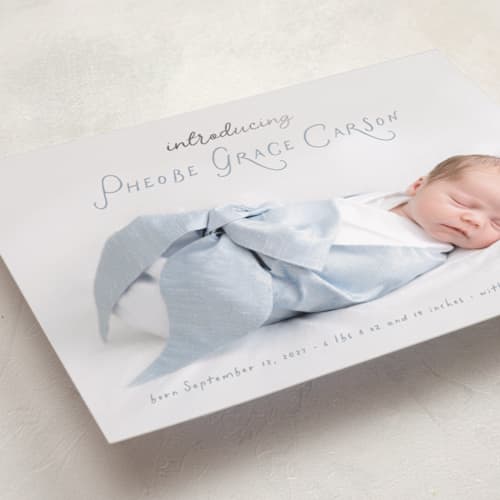 This is a cloud foil stamped birth announcements with foil pressed by Laura Hankins called handdrawn printing on recycled smooth signature in standard
