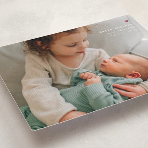 This is a cotton foil stamped birth announcements with foil pressed by Adelyn T. called mini heart printing on recycled smooth signature in standard