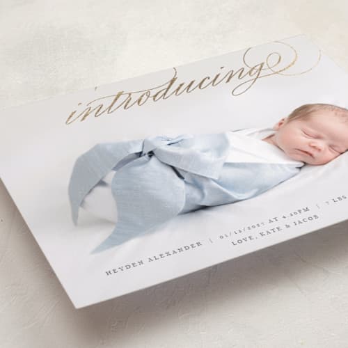 This is a cloud foil stamped birth announcements with foil pressed by Selima Akhter called script intro printing on recycled smooth signature in standard