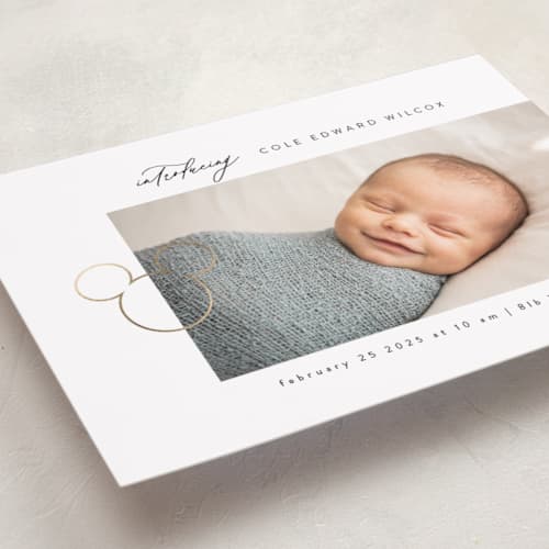 This is a marshmallow foil stamped birth announcements with foil pressed by Tamara Hilje called disney's mickey mouse clip printing on recycled smooth signature in standard