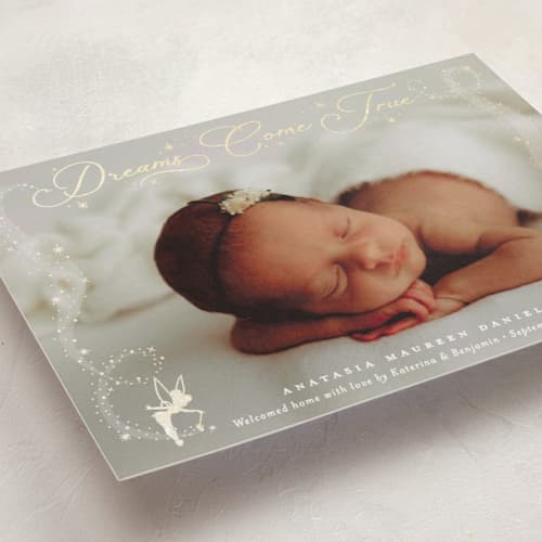 This is a stardust foil stamped birth announcements with foil pressed by Kamala Nahas called disney's tinkerbell dreams come true birth announcement printing on recycled smooth signature in standard