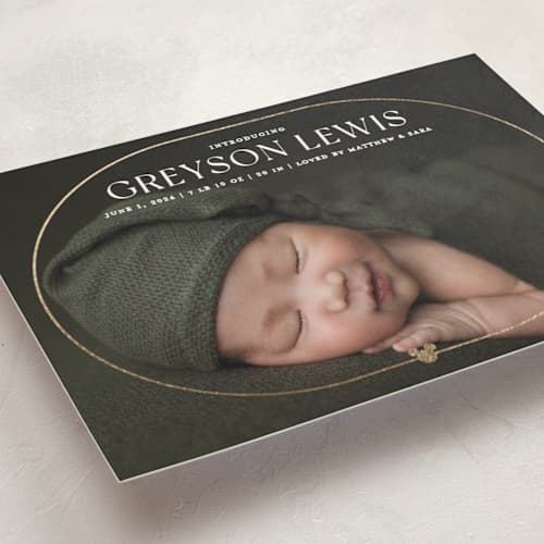 This is a cloud foil stamped birth announcements with foil pressed by Ashley Cuccio called disney's mickey mouse simple border printing on recycled smooth signature in standard