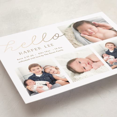 This is a honey foil stamped birth announcements with foil pressed by Carolyn MacLaren called glittering hello printing on recycled smooth signature in standard