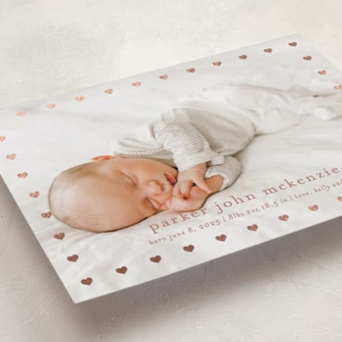 This is a rose foil stamped birth announcements with foil pressed by Stacey Meacham called mini hearts frame printing on recycled smooth signature in standard