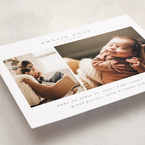 This is a clay foil stamped birth announcements with foil pressed by Carolyn Nicks called simply sweet printing on recycled smooth signature in standard